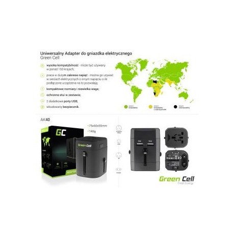 Adapter wtyku zasilania Green Cell Europa Ameryka UK Australia + USB