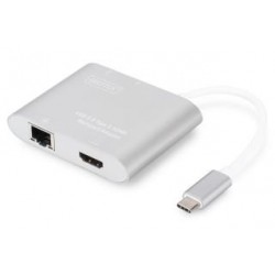Kabel adapter Digitus 4w1 HDMI 4K 30Hz UHD, RJ45, 2x USB 3.0 na USB Typ C, srebrny, aluminiowy