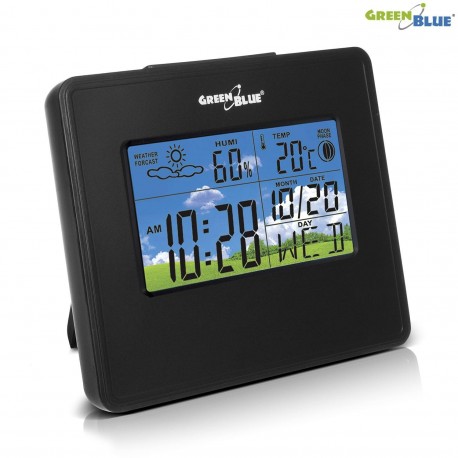 Stacja pogody GreenBlue GB148B zegar, kalendarz, fazy księżyca, czarna